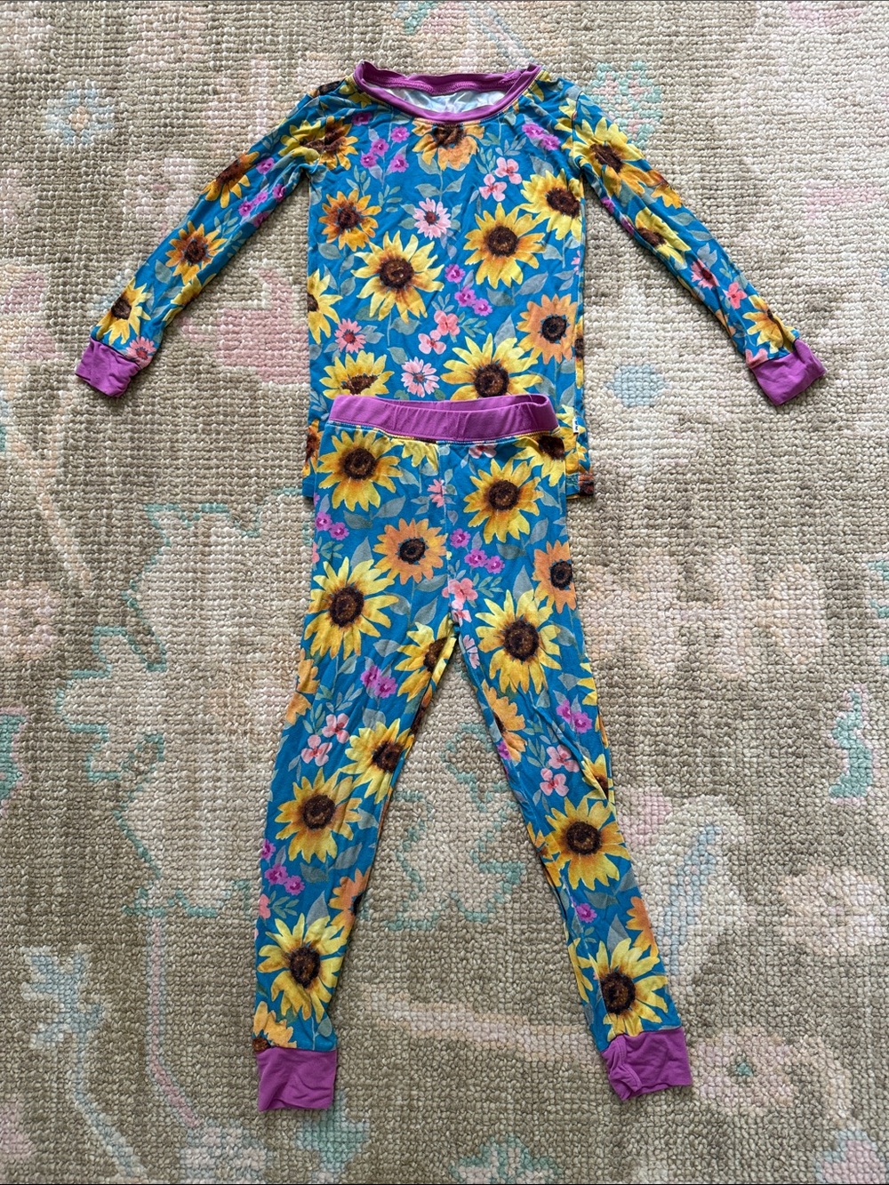 Little Sleepies Teal Pajama Set with Yellow Sunflowers and Purple Trim - Picture 1 of 2
